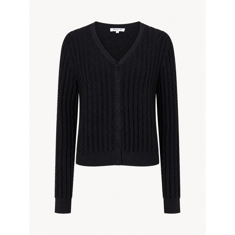 Paule Ka Cardigan Black Textured Waffle Knit Snap Front Long Sleeve Round Neck M